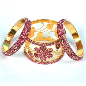 Beautiful And Glamorous Pink Color Flower Shape Bangle Set Party Wear For Women And Girls 14 Pieces 4