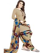 Women's Beige & Brown Synthetic Printed Unstitch Dress Material With Dupatta