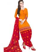 Women's Orange & Red Synthetic Printed Unstitch Dress Material With Dupatta