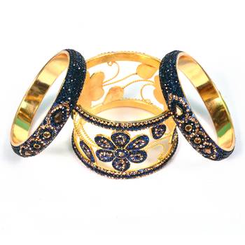 Beautiful And Glamorous Blue Color Flower Shape Bangle Set Party Wear For Women And Girls 14 Pieces 4