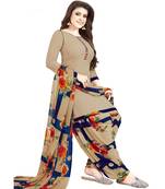 Women'S Beige & Navy Blue Synthetic Printed Unstitch Dress Material With Dupatta