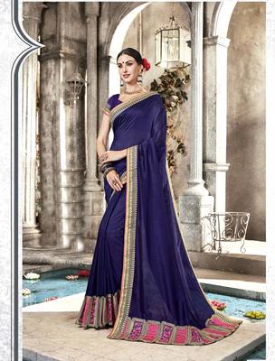 Violet embroidered silk saree with blouse 1