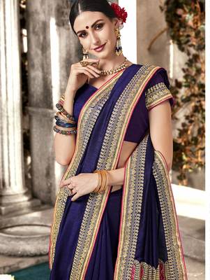 Violet embroidered silk saree with blouse 2