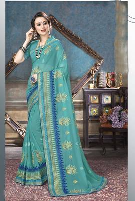 Sea green embroidered georgette saree with blouse 1