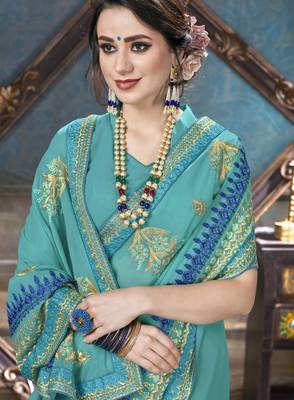 Sea green embroidered georgette saree with blouse 2