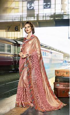 Peach embroidered lycra saree with blouse 1