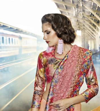 Peach embroidered lycra saree with blouse 2