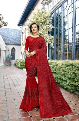Red embroidered silk saree with blouse 1
