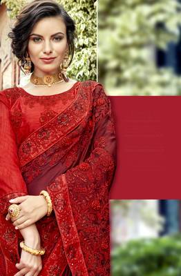 Red embroidered silk saree with blouse 2