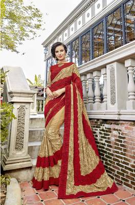 Beige embroidered georgette saree with blouse 1