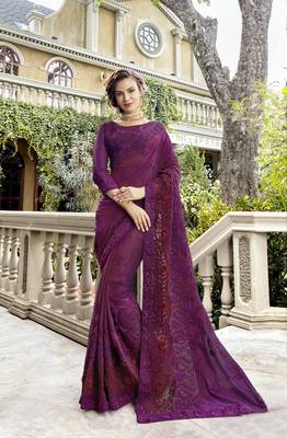 Purple embroidered silk saree with blouse 1
