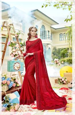 Red embroidered chiffon saree with blouse 1