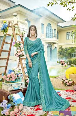 Sky blue embroidered silk saree with blouse 1