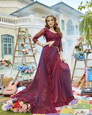 Maroon embroidered silk saree with blouse 2