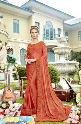 Orange embroidered chiffon saree with blouse 1