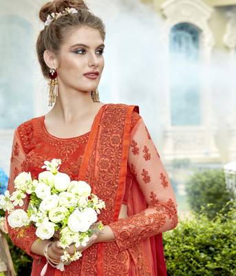 Orange embroidered chiffon saree with blouse 2
