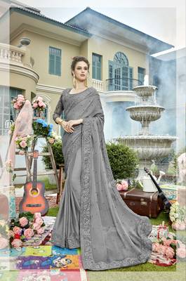 Grey embroidered georgette saree with blouse 1