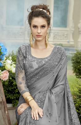 Grey embroidered georgette saree with blouse 2