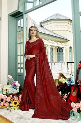 Red embroidered silk saree with blouse 1