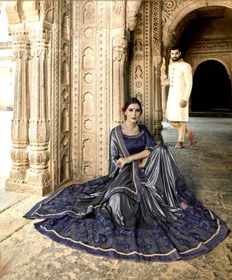 Blue embroidered crepe saree with blouse 2