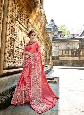 Pink embroidered crepe saree with blouse 1