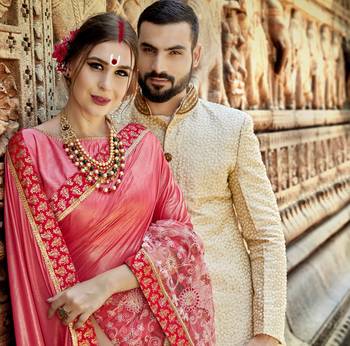 Pink embroidered crepe saree with blouse 2