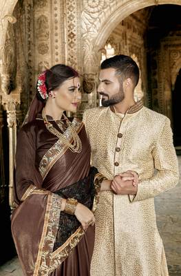 Brown embroidered crepe saree with blouse 2
