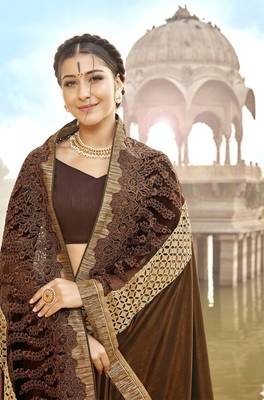 Copper embroidered lycra saree with blouse 2