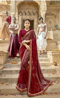 Red embroidered lycra saree with blouse 1