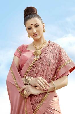 Pink embroidered lycra saree with blouse 2