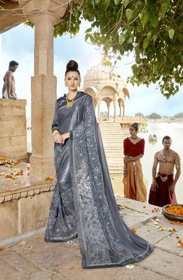 Grey embroidered lycra saree with blouse 1