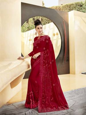 Red embroidered georgette saree with blouse 1