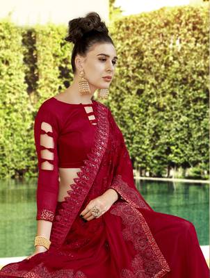Red embroidered georgette saree with blouse 2