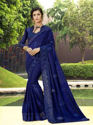 Navy blue embroidered georgette saree with blouse 1