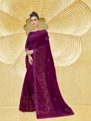 Violet embroidered chiffon saree with blouse 1