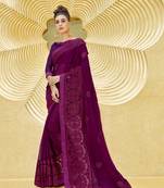 Violet embroidered chiffon saree with blouse