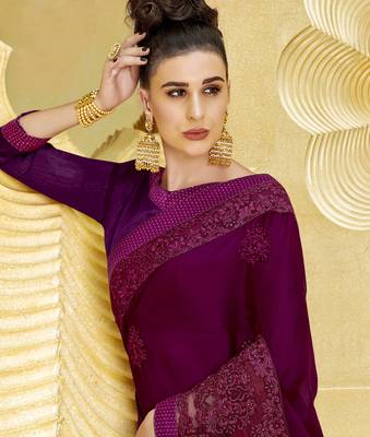 Violet embroidered chiffon saree with blouse 2