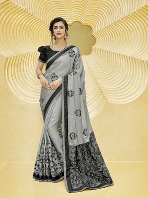Grey embroidered georgette saree with blouse 1