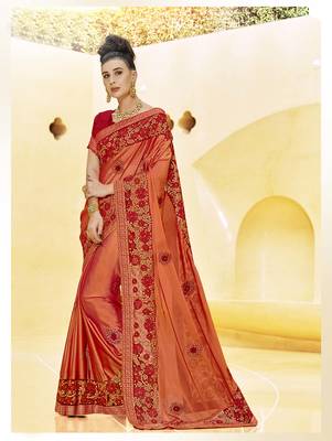 Orange embroidered silk saree with blouse 1