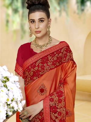 Orange embroidered silk saree with blouse 2