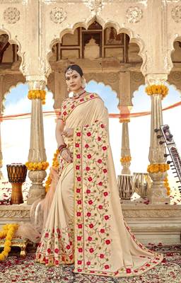 Cream embroidered georgette saree with blouse 1