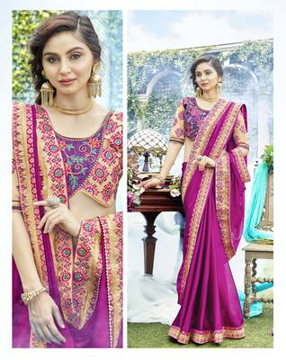 Pink embroidered silk saree with blouse 2