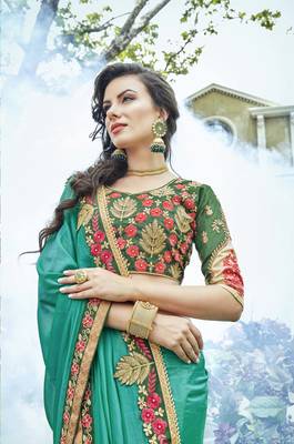 Sea green embroidered silk saree with blouse 2
