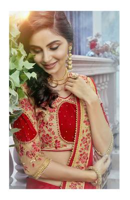 Red embroidered silk saree with blouse 2