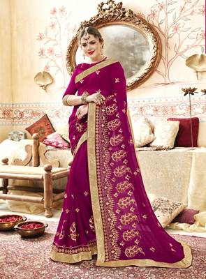 Pink embroidered georgette saree with blouse 1