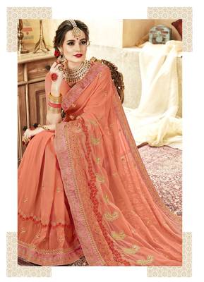 Peach embroidered georgette saree with blouse 2