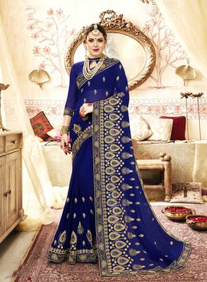 Blue embroidered georgette saree with blouse 1