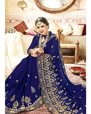 Blue embroidered georgette saree with blouse 2