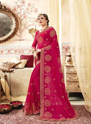 Pink embroidered georgette saree with blouse 1