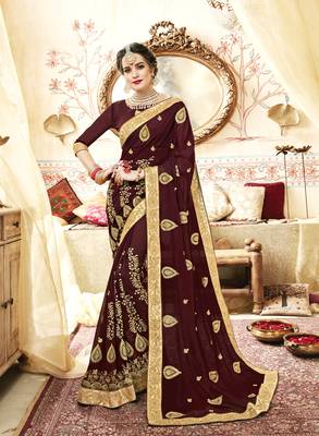 Brown embroidered georgette saree with blouse 1